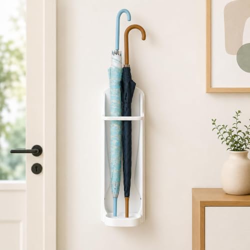 Image of Wall Mounted Umbrella Holder, White, Self Adhesive Stand with Removable Water Drip Tray, Foldable Space Saving Rack, 2.5kg Load Capacity