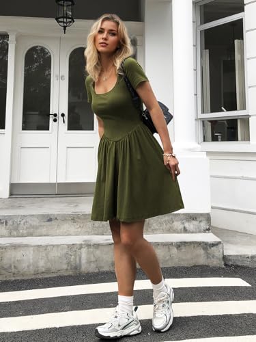 Image of Mieazom Women's Summer Casual Short Sleeve Mini Dress Square Neck A Line Pleated Swing Dresses Basic Short Dress with Pockets