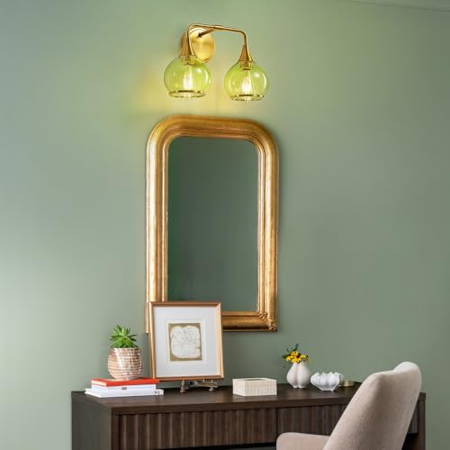 Image of Brushed Gold Bathroom Vanity Light 2-Lights Bathroom Light Fixtures Over Mirror with Green Clear Glass Shade 14 inch Wall Sconce Lighting Bath(Exclude E26 Bulb)