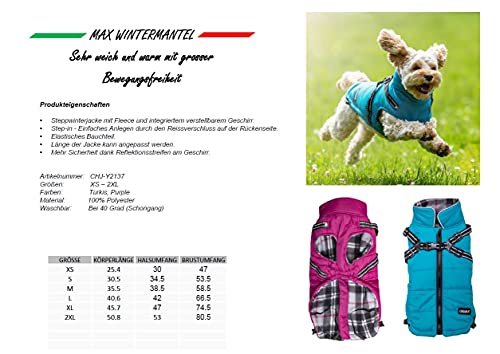 CHIARA Winterjacke mit Geschirr Modell MAX Größe S (Material: 100% Polyester, Hundewinterjacke mit integriertem Fleece-Futter, Step-in, anpassbare Länge, maschinenwaschbar), Farbe: Violett