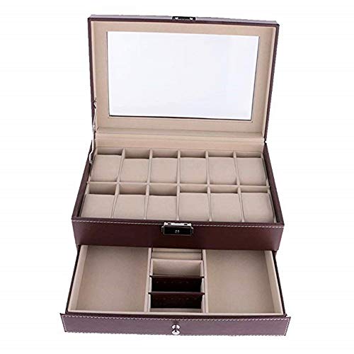 SAVICOS - Scatola per orologi da uomo e da donna, con 12 scomparti, con chiusura a chiave, in finta pelle con ripiano in vetro Brown Box,Beige Lining