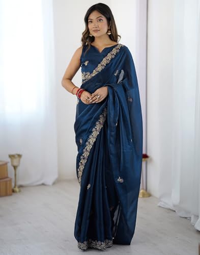 Image of SIRIL Women's Tissue Silk Sequence Embroidery Saree with Unstitched Blouse Piece