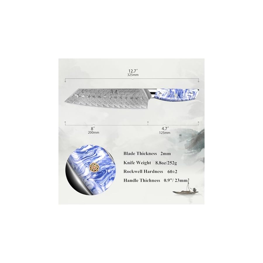 8-Inch-Kiritsuke-Chef-Knife-Kitchen-Slicing-Knife-Forged-Damascus-Steel-with-Blue-and-White-Resin-Handle-Full-Tang-HUA-Series 8 Inch Kiritsuke Chef Knife, Kitchen Slicing Knife Forged Damascus Steel with Blue and White Resin Handle - Full Tang - HUA Series