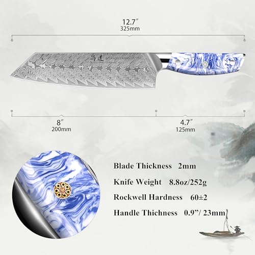SHANGDAO Coltello da chef Kiritsuke da 8 pollici, Coltello da cucina per affettare in acciaio di Damasco forgiato con manico in resina blu e bianca - Codolo completo - Serie HUA - immagine 5