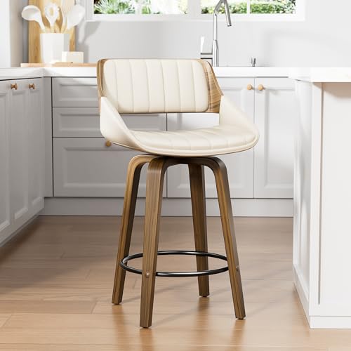 Image of YaFiti Swivel Bar Stools, 26 inch Counter Height Barstools with Bentwood Back and Legs, Mid Century Modern Upholstered Faux Leather Counter Stools for Kitchen Island, Home Bar, Cream White