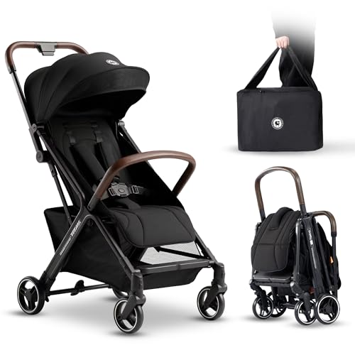 LullaRide Lightweight Travel Stroller, One-Hand Fold Airplane Carry-On, Compact Baby & Toddler Stroller with Cup & Phone Holder, 6.6 lbs Capacity Basket, Adjustable Reclining Backrest, Black
