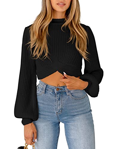 Womens Fall Winter Cropped Sweater Causal Mock Neck Ribbed Knit Pullover Jumper Tops
