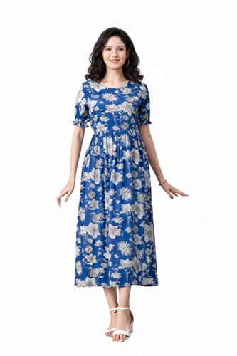 Image of Ichaa Women's Aqua Rayon Printed Maternity Dress with Feeding Zips and Pocket, in Plus Sizes
