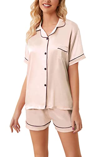 Image of Schbbbta Girls Womens Pajamas, Satin Silky Pjs Set Kids 2Pcs Button-Down Nightwear Sleepwear Gift for Mommy and me