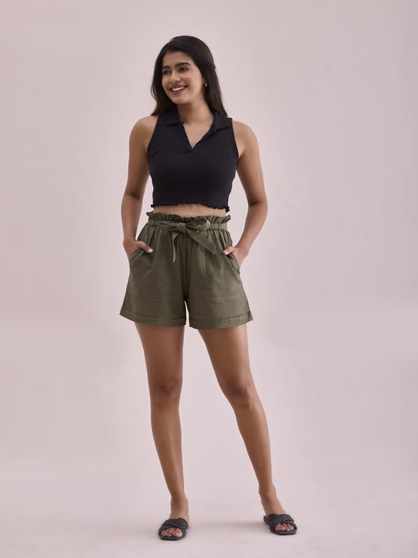 Image of GO COLORS Women Solid High Rise Relaxed Fit Linen Shorts