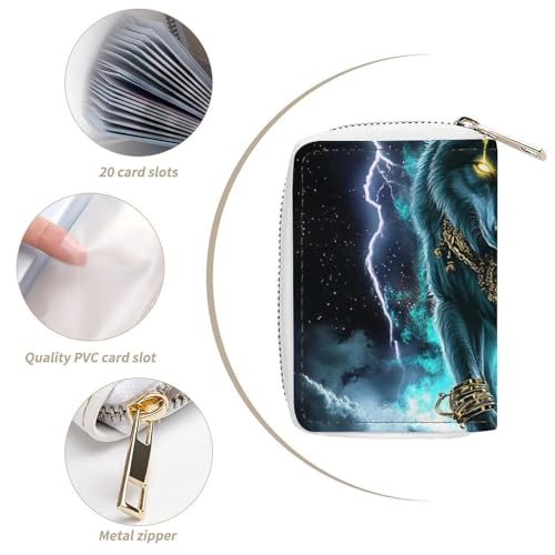 Fashion Small Zipper Wallet for Men Women, Pu Leather Credit Card Holder Bags Cool Lightnings Cyan Wolf Slim Purse with 20 Slots4