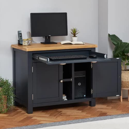 The Furniture Market Cotswold Charcoal Grey Painted Hideaway Computer Desk – Natural Oak Top, Brushed Steel Handles, Fully Assembled - H 780mm x W 950mm x D 550mm
