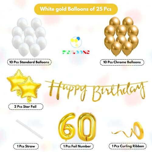 Image of Flyloons 60th Happy Birthday Decoration Kit Gold White for Boys Girls Men Women Adults With 20 Pcs Chrome Balloons Birthday Banner 2 Pcs Star Items Set Golden
