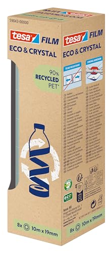 tesa film CRYSTAL RECYCLED hochtransparentes Klebeband - Folienträger 90% recycelter Kunststoff aus Verbraucherabfällen (PCR PET) - reißfest - 8 Rollen á 10 m x 19 mm
