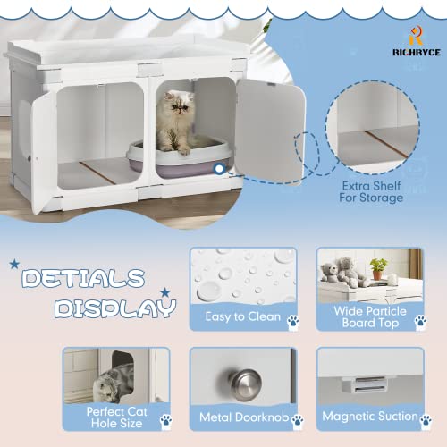 Richryce X-Large Cat Litter Box Enclosure, White Nightstand Pet House With Double Doors, Indoor Decorative Cat House With Sturdy Structure, Cat Washroom Storage Bench, Easy Assembly, Contain Fence #TOP4