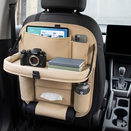 Image of PU Leather Auto Car Back-Seat Organizer with Tray, Multi-pocket Storage, Tablet Holder, Bottle and Tissue Paper Holder, Mobile Holder and Tray for food (Beige)