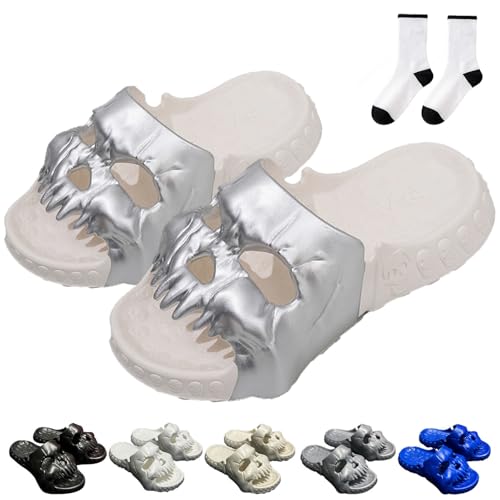 Jfxgjuv Skull Design Single Band Slides, Skull Slippers for Women Men, Soft EVA Thick Sole Anti-Slip Quick Drying Cloud Slippers Bathroom Pool Beach Sandals