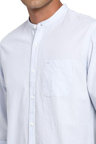 Image of Peter England Men's Casual Mandarin Collar Slim fit Full Sleeve Shirt in 100% Cotton Seersucker with Striped Design