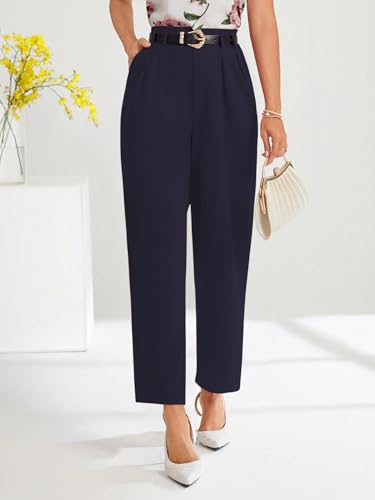 Image of Shasmi Women's High Waist Pleated Straight Leg Trousers - Elegant Solid Color Work Pants with Pockets, Casual Office Wear Polyester Blend Wide Leg Suit Pants (Trouser 235)