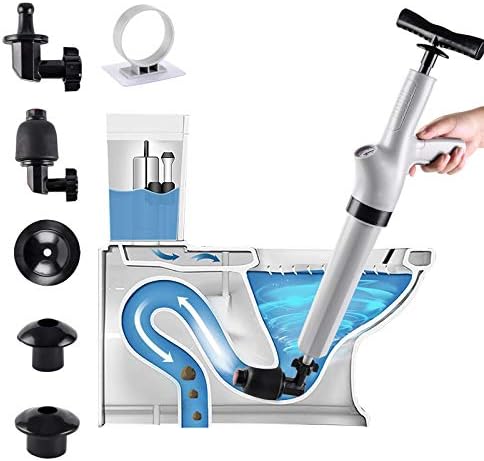 Desentupidor de canhão de vaso sanitário 9 em 1, êmbolo de pressão de ar pneumático, êmbolo de drenagem de alta pressão com 9 cabeças de montagem destacáveis para vaso sanitário entupido,