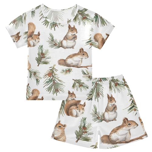 ALAZA Squirrel Branches Watercolor Pajamas Short Sleeve 2 Piece Sleepwear Top and Bottom Pajama Set Unisex