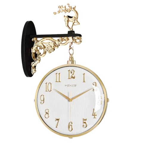 Reloj de doble cara, silencioso sin tictac, diseño de decoración dorada, decoración de ciervos y flores, acabados blancos y dorados, reloj de decoración del hogar para sala de estar, pasillo
