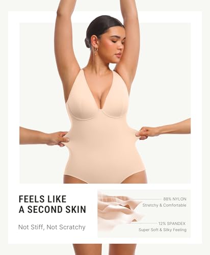 Image of FeelinGirl Shapewear Bodysuits for Women Tummy Control Deep V Neck Body Suits with Adjustable Straps Tops