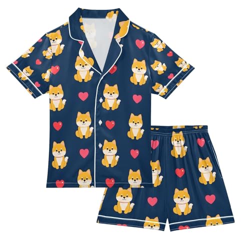 senya Cute Corgi Heart Satin Summer Pajama Sets Silk Short Sleeve Button Down Sleepwear