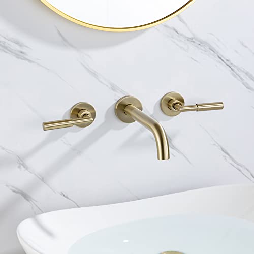 Pattlye Gold Wall Mount Faucet, Brushed Gold Wall Mounted Bathroom Sink Faucet, Dual Handle, Brass Rough-In Valve Included, Pt02Bg #TOP7