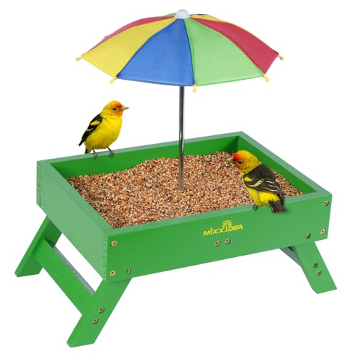 MIXXIDEA Ground Bird Feeder for Outdoors Bird&Squirrel Feeder Wooden Chicken Picnic Table Platform Feeder Wild Bird Feed Crow Feeder for Outside with 5 LBS Capacity