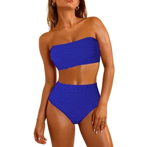 Pink Queen Women 2 Piece Bandeau Swimsuits Strapless Textured Bikini Set High Waisted Bathing Suits Medium Sapphire Blue