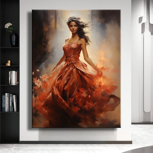 Toile femme en robe rouge grand tableau abstrait minimaliste pour salon moderne