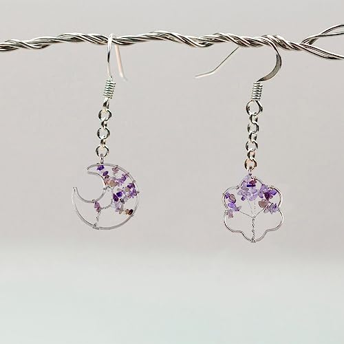 DICOSMETIC 8Pcs 4 Styles Gemstone Charms Natural Amethyst Tree of Life Pendants Flower Moon Oval Hexagon Copper Wire Wrapped Chip Stone Pendants Birthstone Charms for Jewelry Making Hole: 6.2mm - Image 4