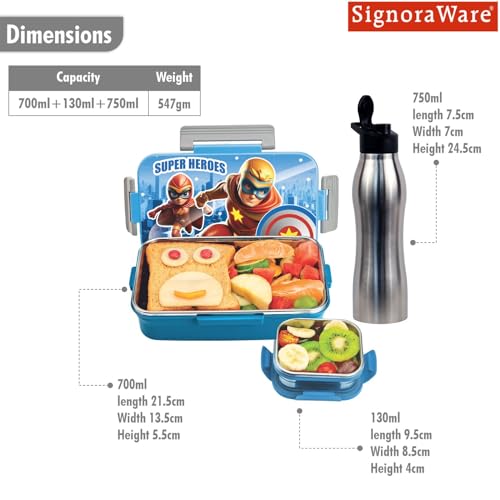 Image of SIGNORA WARE Delight C Nugget Stainless Steel Printed Lunch Box Set for Kids | Airtight Lid with Clip Lock | Compact & Sleek Size | Great for Picnics & Outdoors (700ml + 130ml + 750ml Bottle | Blue)