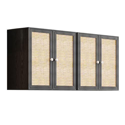 Image of Laundry Room Cabinets with Lights, 24INCH Bathroom Cabinets Wall Mounted with Adjustable Shelves, Rattan Wall Cabinet for Bedroom, Kitchen, Bathroom (2PCS, Black)