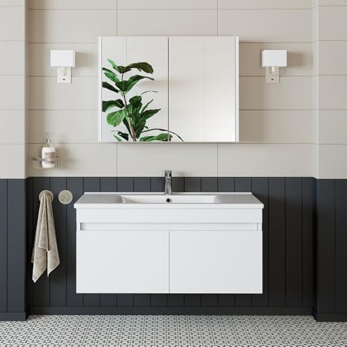 ROOMART • Badmöbel Set • Atria • 100 cm • Weiß • Waschbecken mit Unterschrank • Spiegelschrank (Unterschrank mit Waschbecken + Spiegelschrank, 100 cm)