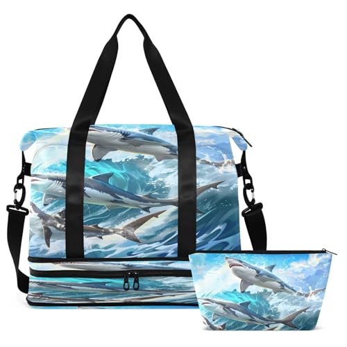 ALAZA Sharks Jumped Waves Travel Duffel Bag for Women Men Sports Gym Bag with Shoe Compartment Tote Weekender Overnight Bag with Wet Pocket for Travel, Gym,Yoga,Swimming2