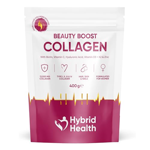 Hybrid Health Collagen Supplements for Women – Beauty Boost Collagen Powder Supporting Skin, Hair & Nails | with Biotin, Vitamin C, Hyaluronic Acid, Vitamin D3 + K2 & Zinc for Womens Health