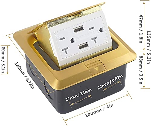 Pop Up Floor Electrical Outlet Box, Power Cover Boxes Kit 20A Duplex Receptacle And 2 Usb Charging Ports, Watertight Gasket, Corrosive Resistant Hardware, For Kitchens, Offices, Brass #TOP5