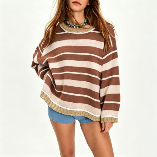 Oversized Sweaters for Women Knit Loose Cute Crew Neck Striped Thermal Tops - image 4
