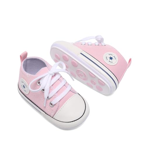 Image of Unisex Baby Girls Boys Canvas High-top Shoes, Newborn Infant Anti-Slip Soft Sole Frist Walking Breathable Sneakers