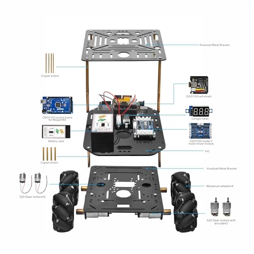 osoyoo flexirover robot car kit for arduino mega2560 with wifi expansion board  520 motors mecanum wheels 4-wheel drive motor board battery amp charger customizable chassis for advanced robotics