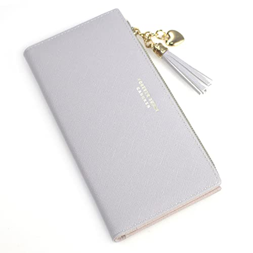 Image of SUMGOGO Wallets for Women Slim Clutch Purse Handbag Card Holder Womens Long Tassel Zipper Pocket Fashion Taiga Leather Billfold Wallet (Gray)