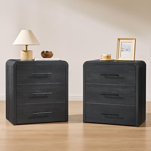 Fatmok Nightstand Set of 2 23.6 Modern Curved Nightstand with 3 Drawers Wood Bedside Table for Bedroom Large Storage End Table for Home Office Black