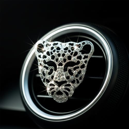 Image of Bling Rhinestone Leopard Head Car Air Freshener Vent Clip, Sparkly Cheetah Print Auto Decoration, Refillable Essential Oil Diffuser, Cute Car Accessories for Women