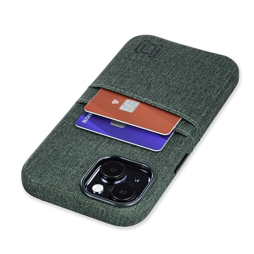 Dockem Card Case for iPhone 15 with Built-in Metal Plate for Magnetic Mounting & 2 Card Holder Pockets: Luxe M2 Wallet Case, Canvas Style Synthetic Leather (Green)
