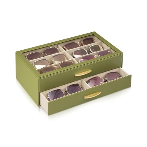 Lolalet 12 Slots Women’s Sunglasses Organizer with Enlarged Compartment, 2-Layer Eyewear Storage Box with Drawer, Glasses Case Display Holder with C