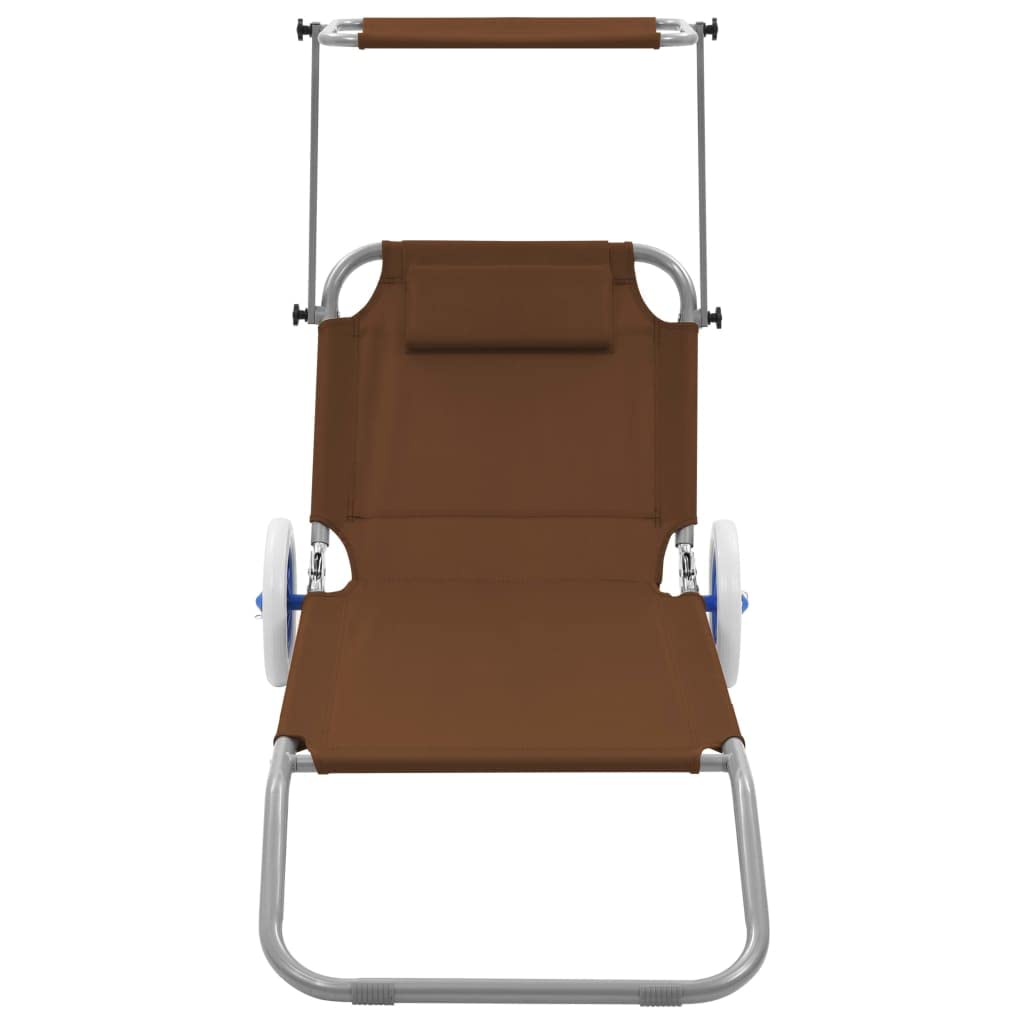 Strandliege Stuhl Outdoor Campingliege Terassenmöbel Klappliege mit Sonnenschutz und Rädern Stahl Taupe für Patio Strand Terrasse Pool