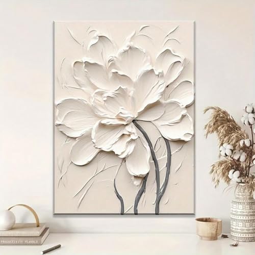 XBTYKPB Arte de pared con flores blancas, obra de arte en lienzo con flores en relieve, pósteres florales cremosos, decoración de pared para baño, impresiones artísticas, marco de 40 x 60 cm