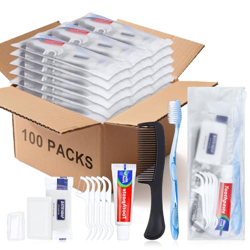 HQSLsund 100 Sets Personal Hygiene Kit Basic Toiletry Kits Homeless Supplies Bulk for Women Men Travel Charity Business Include 100 Toothbrush 100 Toothpaste 100 Comb 100 Bath Soap 500 Floss Pick